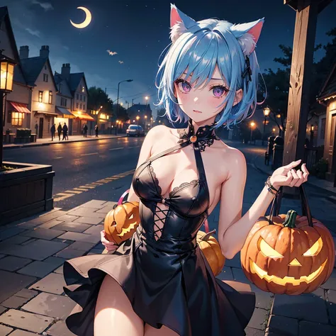 (Sky blue hair),(Short Hair), (Pink Eyes),Fair skin) ,(whole body),(One Girl),(Crescent Moon),(There are lots of pumpkin ghosts in the background),Cat ear,Cat clothes,(Ahegao),Fall into Darkness,If you dont give me sweets, Ill play a prank on you.),Hallowe...