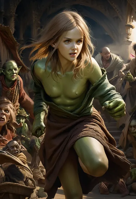 a frightened Emma Watson transforming into a goblin, green skin, fantasy marketplace, loose clothing, highly detailed, 8k, realistic, photorealistic, dramatic lighting, vivid colors, cinematic composition, fantasy, concept art style