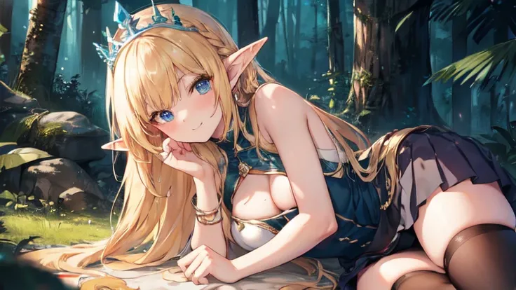 best quality、Highest image quality、Super beautiful elf beauty((22-year-old OL with big bust、Bust 90,Beautiful long permed hair、Blonde、Slender、beautiful tiara、high quality、Elf ears、Happy smile、myth、Sexy的、extremely good、Mysterious Forest、in the woods、super h...