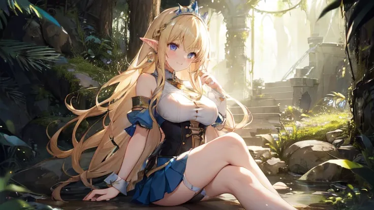 best quality、Highest image quality、Super beautiful elf beauty((22-year-old OL with big bust、Bust 90,Beautiful long permed hair、Blonde、Slender、beautiful tiara、high quality、Elf ears、Happy smile、myth、Sexy的、extremely good、Mysterious Forest、in the woods、super h...