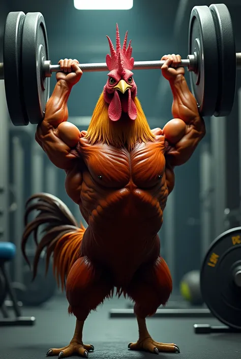 A rooster lifting a gym bar 