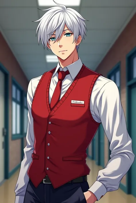 I drew a handsome high school boy in his third year who is a member of the boxing club and gave him silver hair.、Put a red vest on the uniform and cut her hair short. Make her hair even shorter.