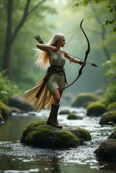 (best quality,8K,highres,masterpiece:1.2), ultra-detailed, realistic, photorealistic:1.37, fantasy, full body shot, elf woman, archer,  long blond straight hair, light archers outfit, wading in a forest stream, aiming with long bow, stand with one leg on b...