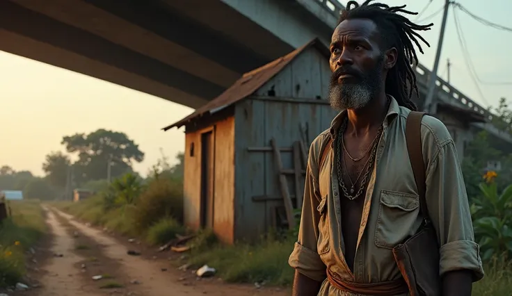 Show Clifford, a Nigerian man standing by his small batcher house under the bridge. He is on dread locks, tattered clothes, unkempt beards with a bag. Setting should be in a cool evening, almost getting dark. 