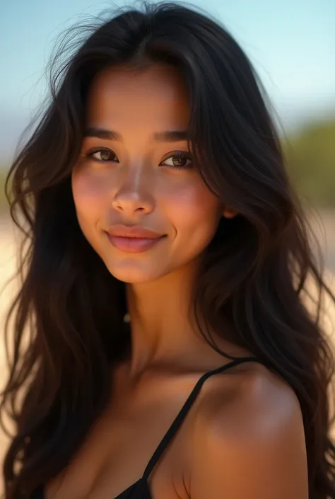 A photorealistic portrait of a 21-year-old colombian girl with long, flowing dark hair and striking dark eyes and big lips. She should have a natural, approchable expression and be illuminated by soft, golden-hour sunlight. The background should be a sceni...