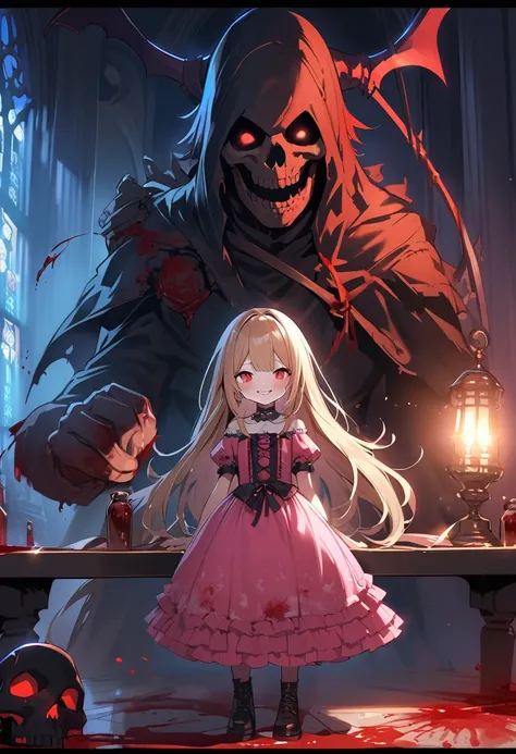 beautiful girl、とてもcute天使、Pink Lolita Clothes、cute、Baby Face、Smile、Long skirt、Black Long Boots、.(Highest quality,4K,High resolution,masterpiece:1.2),Very detailed,Realistic:1.37,Spooky altar background,Dark fantasy,Red color scheme,Ominous atmosphere,Eye-ca...