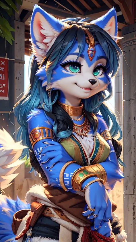 A beautiful and detailed (sweet picture) wa ((krystal)), Star Fox Krystal, sslim, lovable, green eyes, medium breasts, (((Long blue hair 1.3))),  ((Tips for black hair)), Decollete, grin, look up,, anthro, furry, Uploaded E621, detailed fluffy fur, (wa Flu...