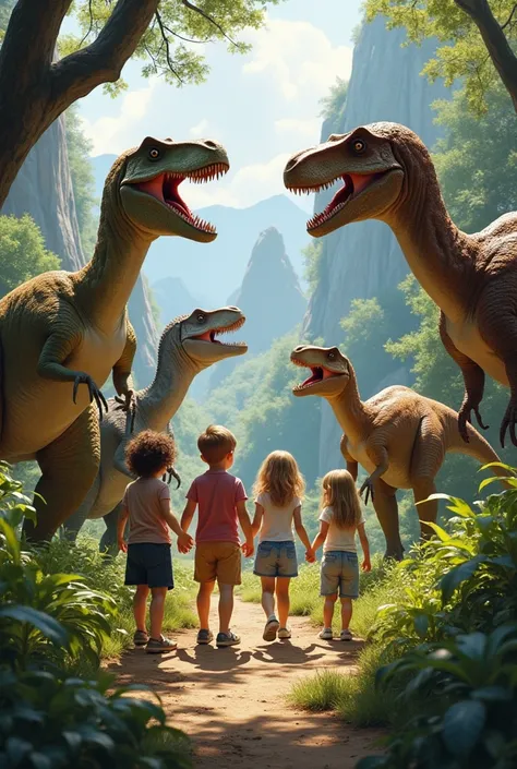 Photo dinosaurs kids at the wild