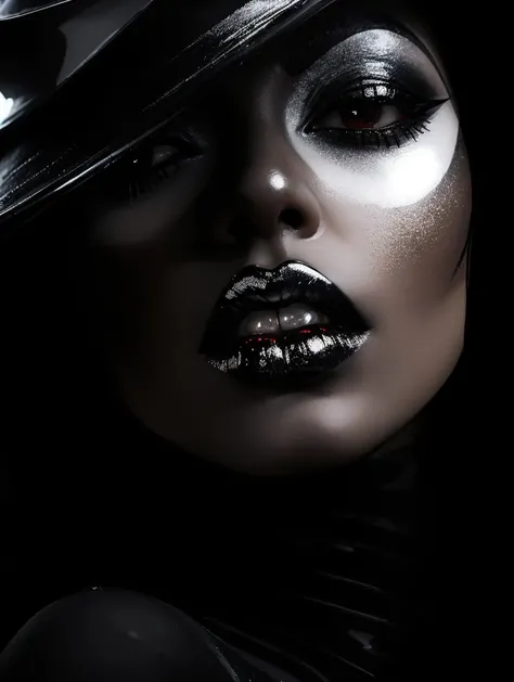 close-up of woman wearing black wide-brimmed hat and silver-gold makeup, with black and red shiny lips, Dramatic lighting on the face, dark makeup, high fashion photography, black makeup, high contrast dramatic lighting, futuristic look, dark makeup on her...