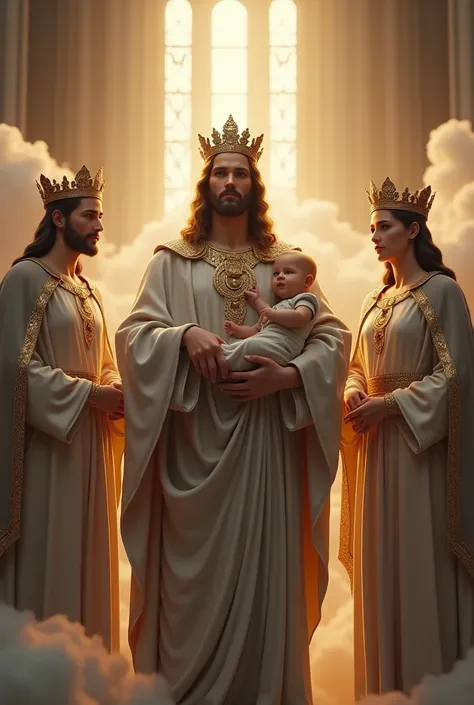 (photorealism:1.2), handsome Jesus Christ and virgin Mary carrying handsome baby Jesus, perfect real images, wearing the gray color of palace clothes and crown with  light in their head and their heart spreading all over in the church, perfect Jesus Christ...