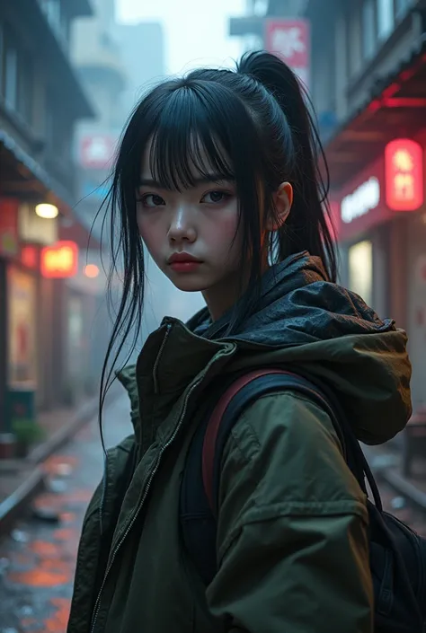 Korean cyberpunk girl against the backdrop of city slums