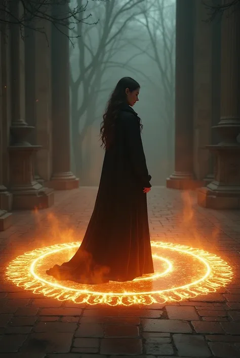 ((Masterpiece, Highest quality, Highest picture quality, high resolution, realistic, raw photos, 8ก)), A large magic circle on the ground glows enchantingly.,, Wearing a very long coat that covers her bare skin, 