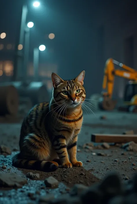 Poor cat working overtime at the construction site late at night