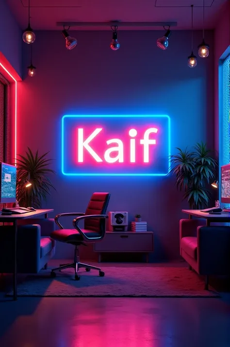 modern and sek design. In the center of the background, display the name kaif in bright neon lights with correct spelling. The neon lights should be in a vibrant color, such as electric blue or neon  red. Surround the neon text with subtle, complementary l...