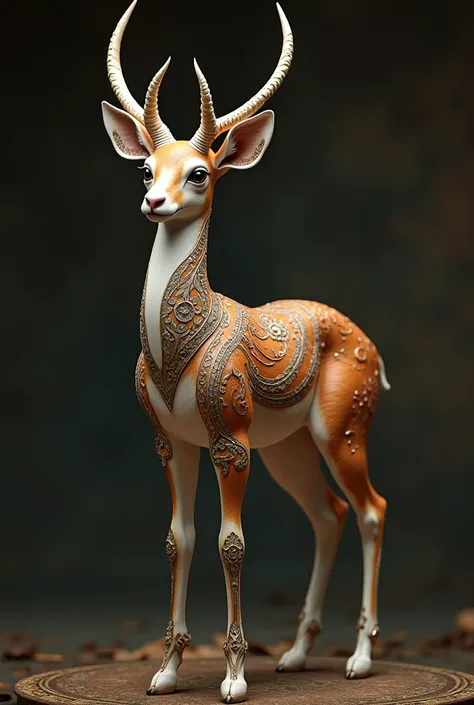 Hello, can you help me create a hyperrealistic full body impala porceline, based on the style of steampunck, Fabergé and art Nouveau, photorealistic, UHD 16K, thanks