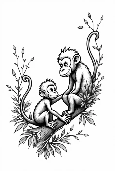 Design a black and white cartoon tattoo sketch that reflects a father and son relationship symbolized by monkeys. I want a wide design, with monkeys playing on vines and surrounded by nature