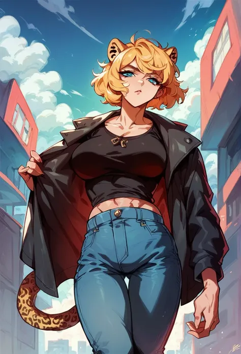 mature woman,muscular,long spiky blonde hair, jaguar ear (without human ears),jaguar tail, short jeans feminino,black jersey,jea...