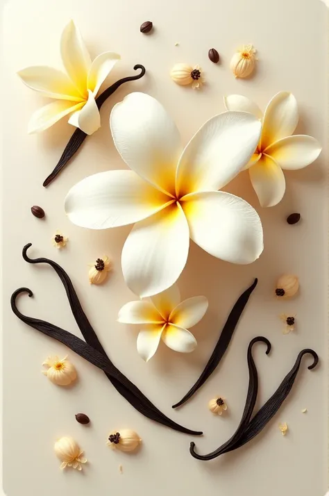 Create a still life on the vanilla flower with vanilla-related elements so that those elements look harmonious. 