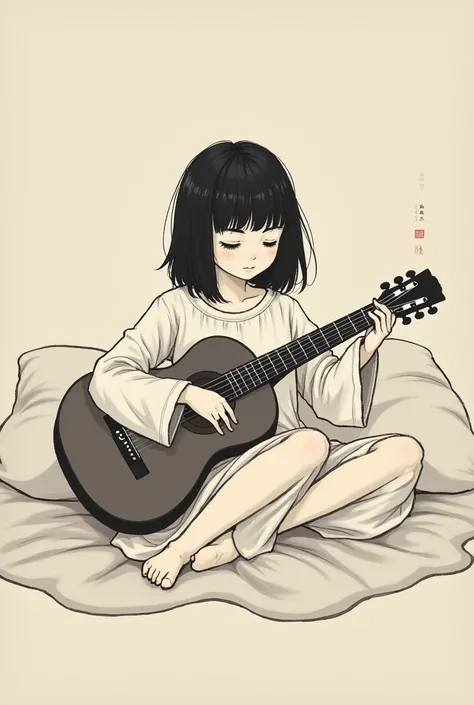 Baby girl with guitar sitting on bed. Sumi-e Art.
