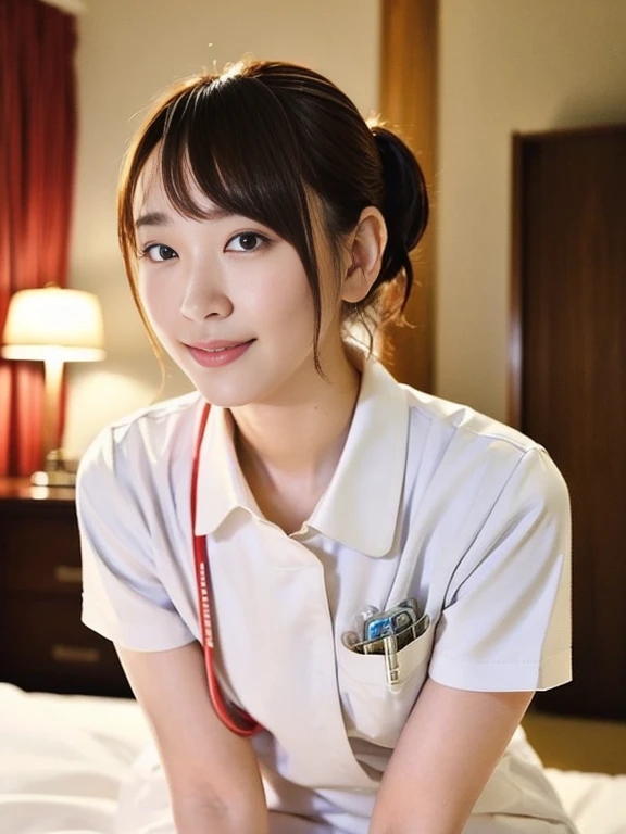 (Masterpiece, Best quality:1.4), (Ultra realistic, Photo-realistic:1.2), Full body, Natural light, 25 years old actress, Japanese women, Neat and clean, (White nurse uniform:1.1), Short ponytail, Short wavy hair, Light brown hair color, (Beautiful Face), O...