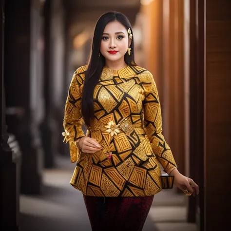 photography, woman,  portrait of woman wearing kebaya_bali in black long kebaya dress traditional, red lipstick, golden necklace, earrings, ornate, detail, flowers, blurry background, soft focus