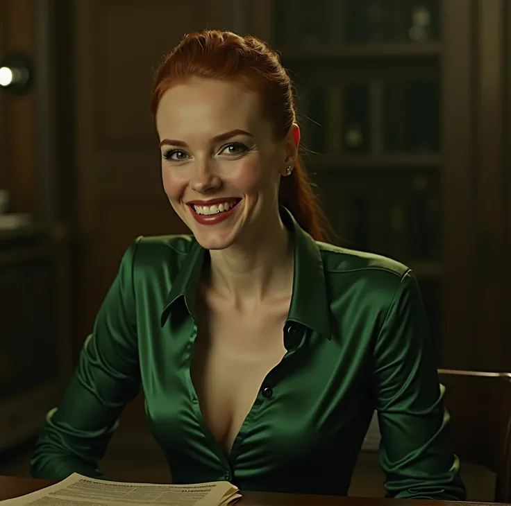 Beautiful red headed woman wearing green satin button blouse, freckles, Karen Gillan, flat breasts, fully buttoned