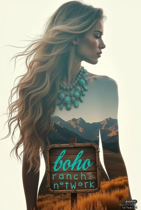 high quality, 8K Ultra HD, A beautiful double exposure that combines an bohemian goddess silhouette, wearing large chunky turquoise jewelry, bohemian goddess has long flowing blonde beach wave hair. Colarado fall mountains, fall mountains should serve as t...