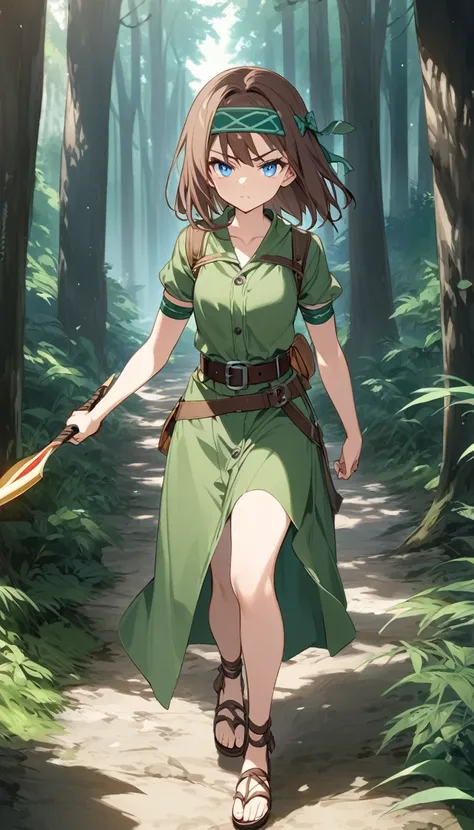 Archery girl、Brown Hair、Medium Hair、Wear a headband on your head、Serious face、blue eyes、Green cotton clothes、Medium chest、Green arm band、Bow in left hand、Waist belt、Sandals、Forest road、Fantasy
