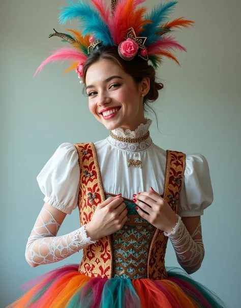 Full-length Photo with lots of decorative colourful feathers. Vibrant bird feathers, velvet silk & satin, vivid colors and hues, detailed texture-rich materials Young woman with smiling flirty expression in an attractive partially white costume inspired by...