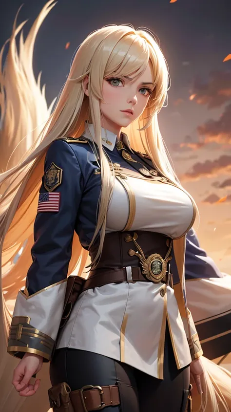 Airship,general,serious,Nine-tailed fox girl,long flowing hair,Big breasts,All American Body,Wear Sergeant Major Clothing,Wearing a sergeant&#39;s coat,black stockings