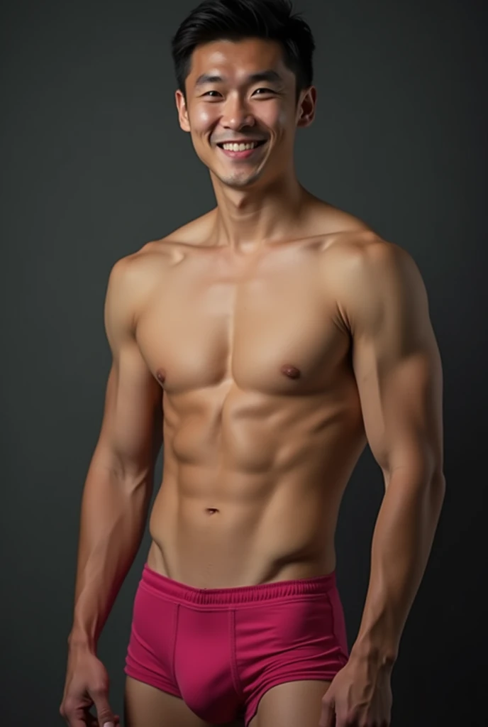 In the charming picture there is a handsome Chinese man 35 years old with his beam., His charm radiated as he proudly showed off his sixpack in a full standing pose.. He wore a dark pink sexy briefs, that highlighted his figure, He stood in the middle of i...