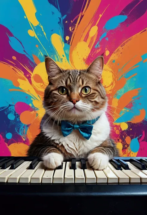 1cat, Meme, Keyboard Cat, cute cat, cartoon cat, funny cat, cat playing keyboard, colorful background, digital art, vector illustration, vibrant colors, bold colors, whimsical, humorous, meme style, internet culture, pop art, (4k,8k,highres:1.2), ultra-det...