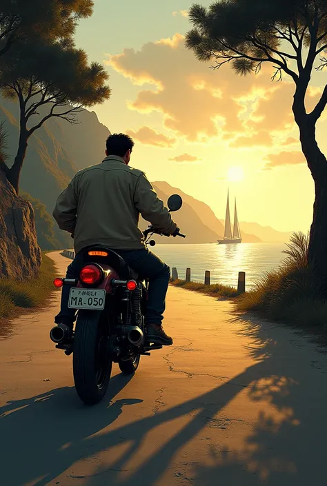 A man rides a motorcycle along a coastal road, the sea stretching out beside him. Tall trees cast long shadows on the sidewalk, and distant sailboats drift across the water. The man’s face is marked with deep sadness, his eyes heavy with thoughts as he rid...