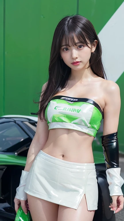 High definition、high resolution、8k、Fine、Realistic、Real、Realistic、Beauty、Photorealistic、Blurred Background、((big breasts:1.2))、((Tiny patent leather green and white racing girl tube top costume))、((Exposed Skinの多いコスチューム:1.4))、((Sponsor logos:1.2))、Jet Black...