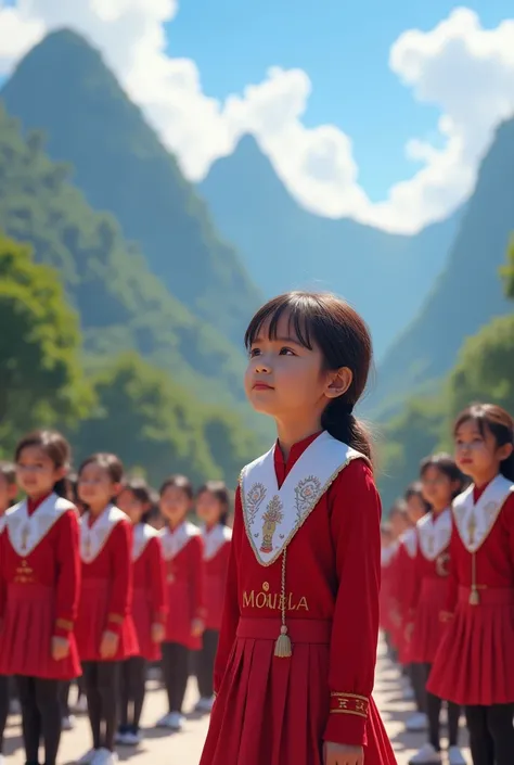 School children are getting ready" ceremony using red and white uniforms. Which says INDONESIA A luxurious school surrounded by mountains" the beautiful

