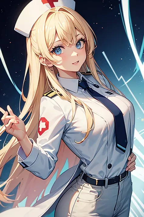 woman in her 20s, Mexican, slim build, nurse uniform, white coat, blue pants, long blonde hair, spiky hair, blue eyes, looking directly at viewer white background