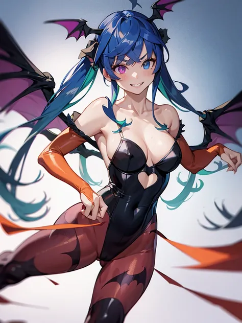 (​masterpiece、top-quality、hight resolution、Unity 8k、extremely details CG:1,Best Picture), Woman striking a sexy pose. ((private room)), aqua hair, twintails, heterochromia, purple eyes, blue eyes, sharp teeth, devil girl, head wings, long hair, wings, anim...