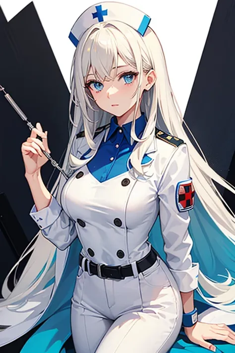 woman in her 20s, Mexican, slim build, nurse uniform, white coat, blue pants, long blonde hair, spiky hair, blue eyes, looking directly at viewer white background