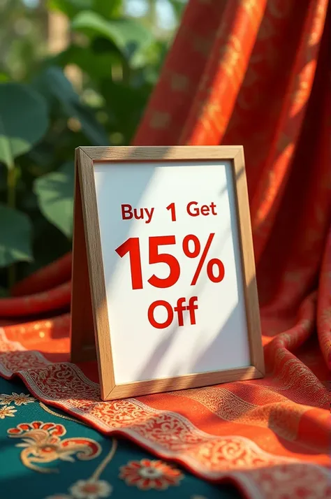 Bye 1 get 15% off logo sign bord with saree background 