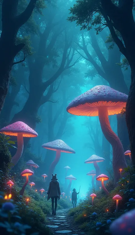 realistic, Viral anime nature wallpaper in 4K quality, in the style of digital illustration inspired by Yoshitaka Amano, showing a mystical forest with giant mushrooms, bioluminescent plants, and ethereal creatures wandering around; cool and mystical color...