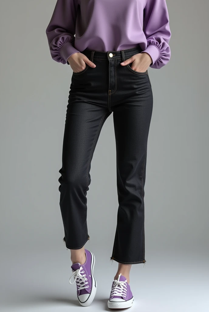 A women styling dark blue or black jeans and top with sleeves with lavender canvas shoes