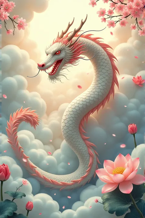 Japanese dragon between clouds and flowers (subtle)