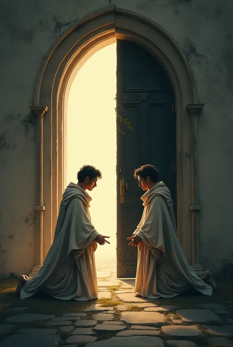 A vertical division, They are two male twins, On one half a twin praying in a cemetery and on the other half the other twin but praying at the door of a church guiding the souls in pain., remembers one praying in a cemetery and the other in front of a chur...