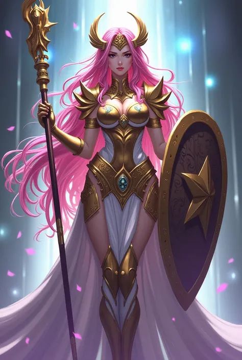 Goddess Athena, from Sainty Seya, with long pink hair, wearing her sacred armor of the Gods, and with the staff of the goddess Nick in one hand and her shield in the other