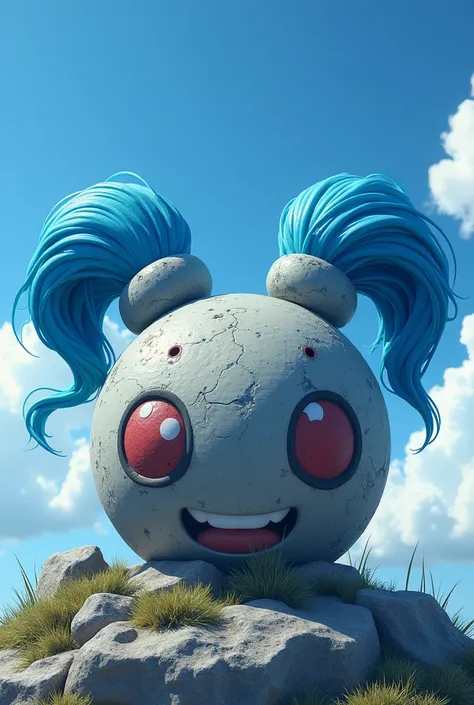 Spawns a rock with two blue pigtails coming out of it anime style

