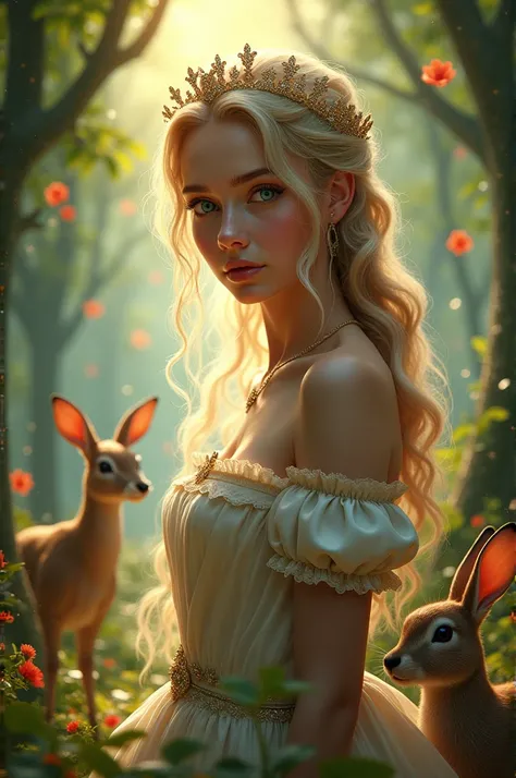 A movie cover of a beautiful princess in an enchanted forest with animals around her. 