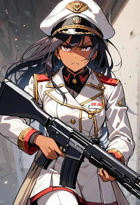 tan,dark long hair,serious face,marine,white uniform,expressif