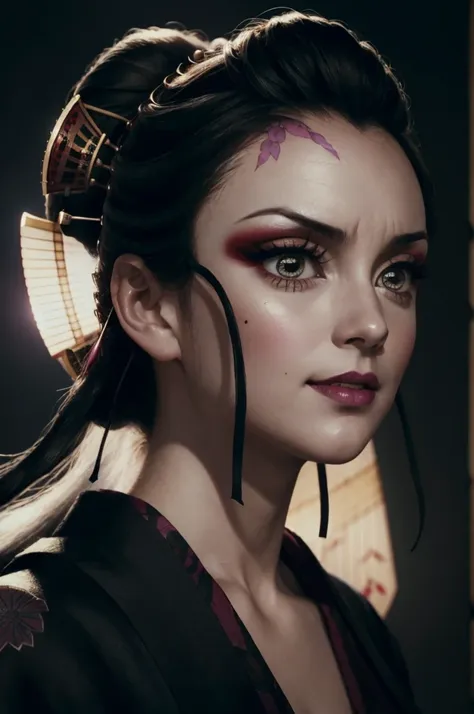 A tall samurai mature woman in realistic portrait of high quality and detail, movie style, Daki (Kimetsu no Yaiba), mature face, 43 years old, Geisha, white makeup, She has Japanese traditional hairstyle, traditional hairstyle-nihongami, black eyes, pale s...