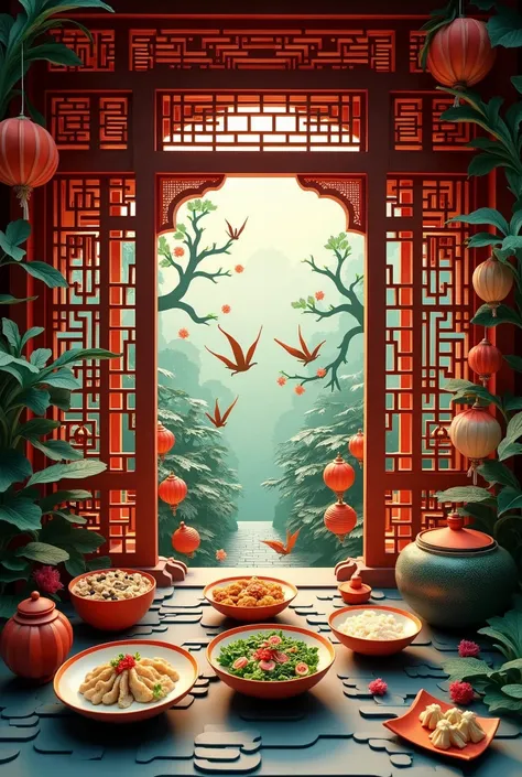 Papercut art. Kirigami. A very detailed and intricate cutout of an ancient chinese restaurant with a lot of chinese food flying, monsters and trees, mystery atmosphere