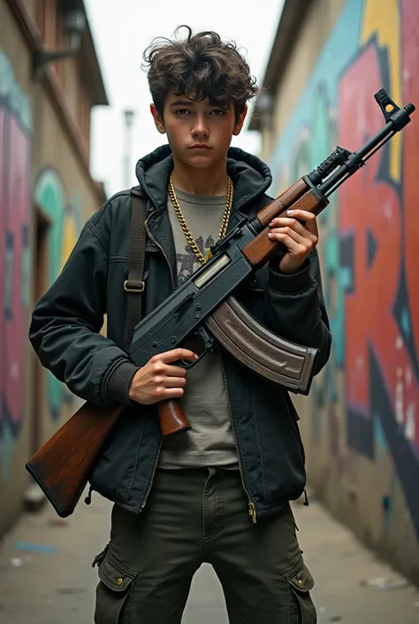 A rebellious teenager stands confidently in an urban alley, showcasing a vintage AK47 gun while surrounded by graffiti art.